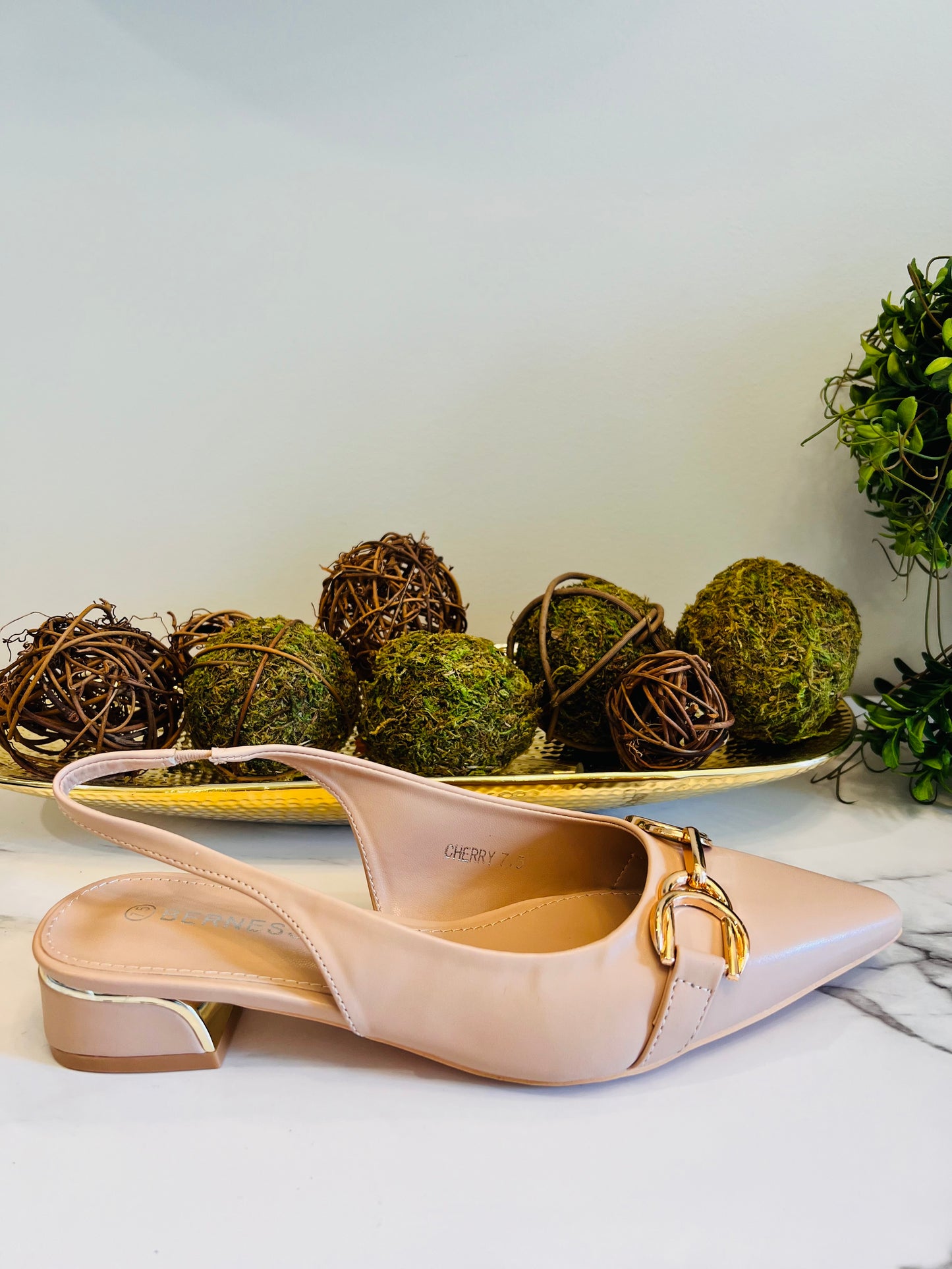 Nude open-back pointed shoe with a gold buckle in front and a low square heel
