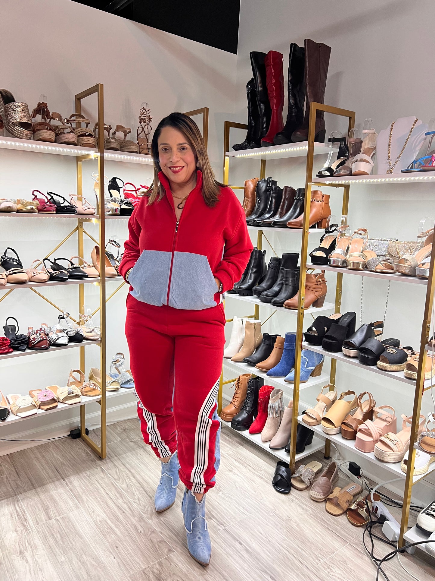 Red set with jeans