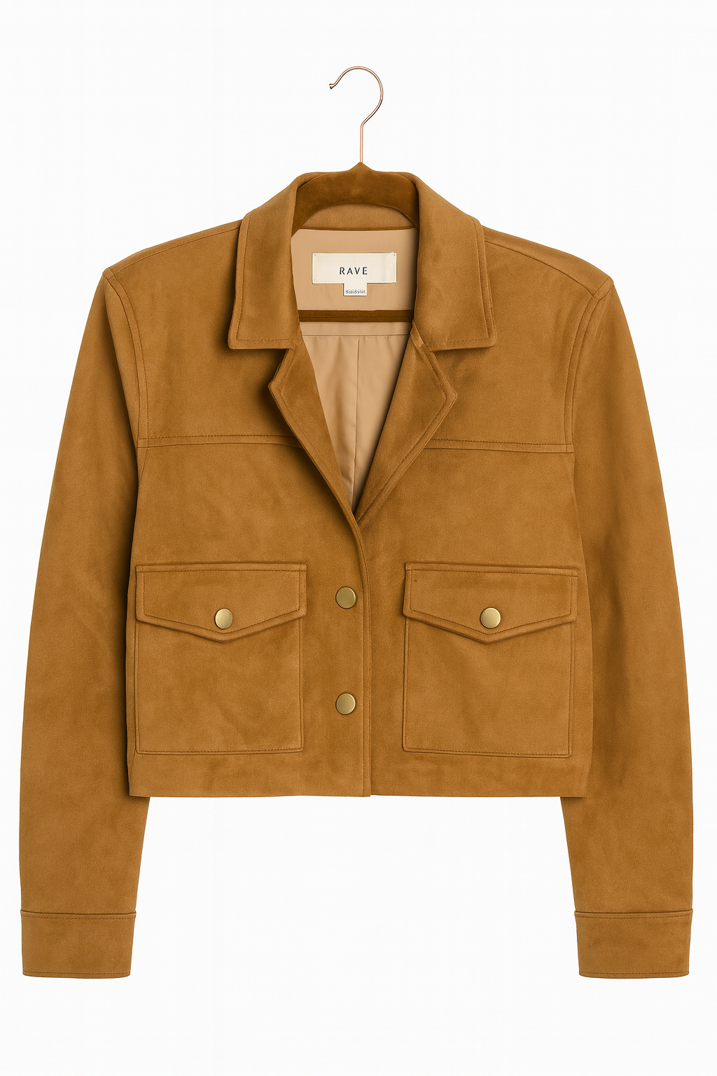 Chaqueta camel en gamuza con broches bronce