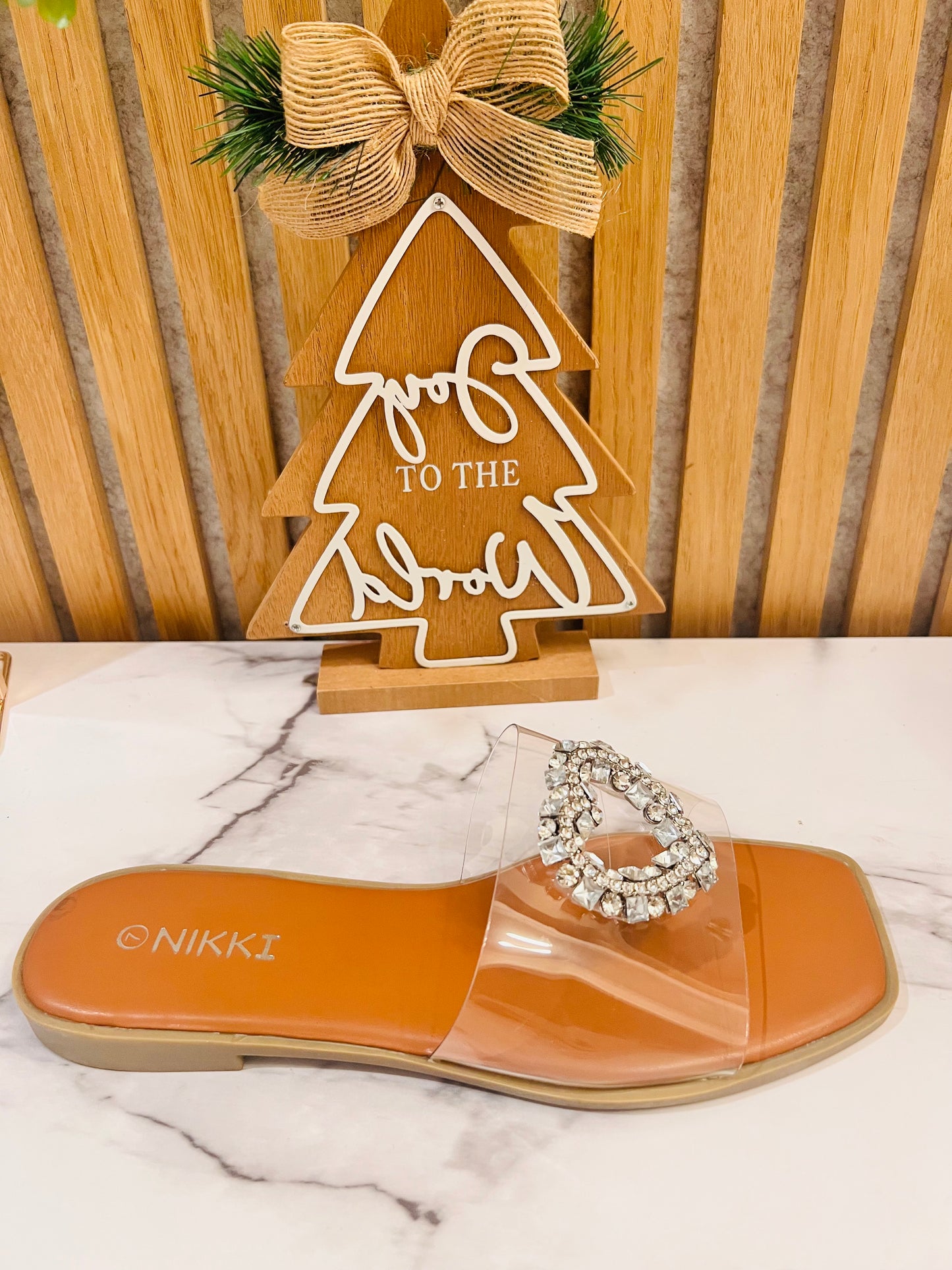 NK205 clear flat sandal with silver heart stones