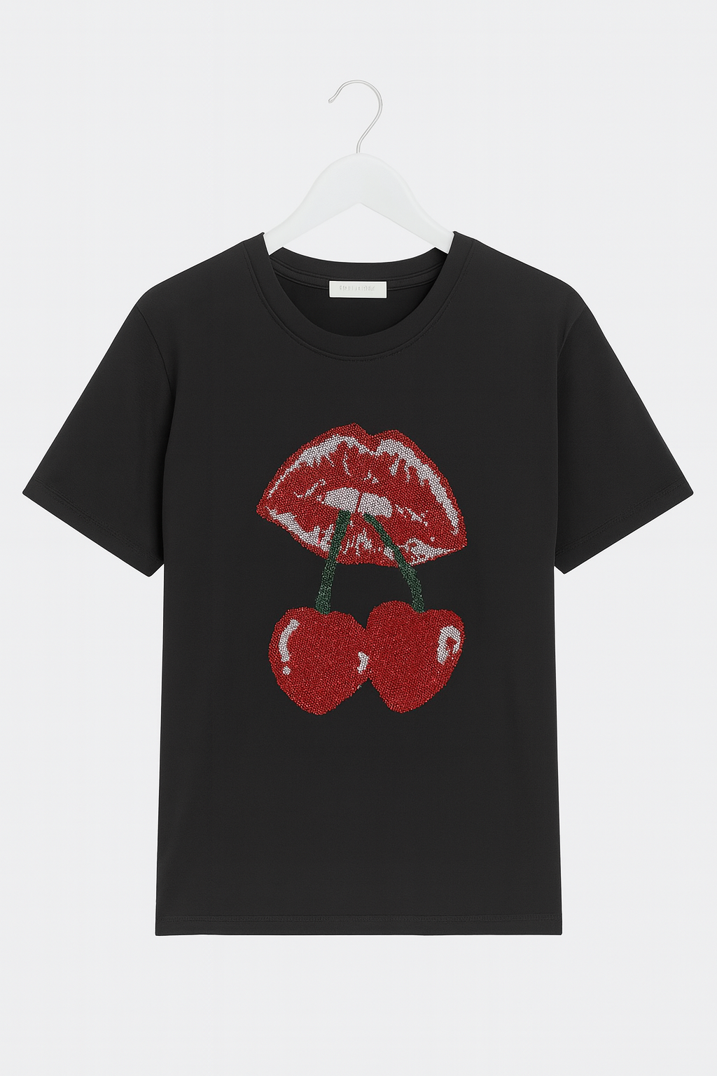Plus size black blouse with mouth and cherries in stones