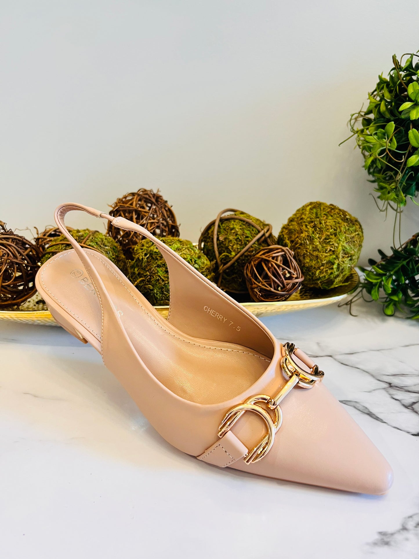 Nude open-back pointed shoe with a gold buckle in front and a low square heel