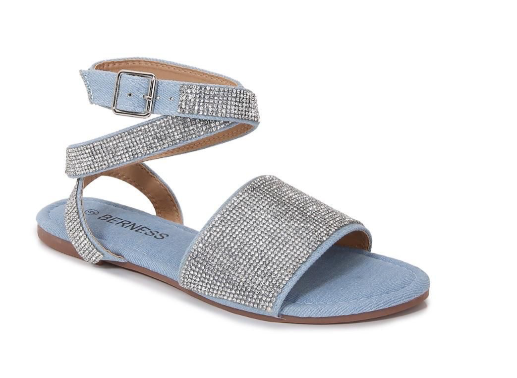 Alberta Denim flat ankle strap sandal with rhinestones