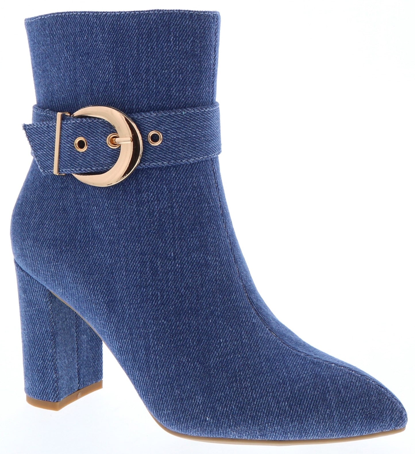 High-cut bootie in jeans with strap and gold buckle with thick heel