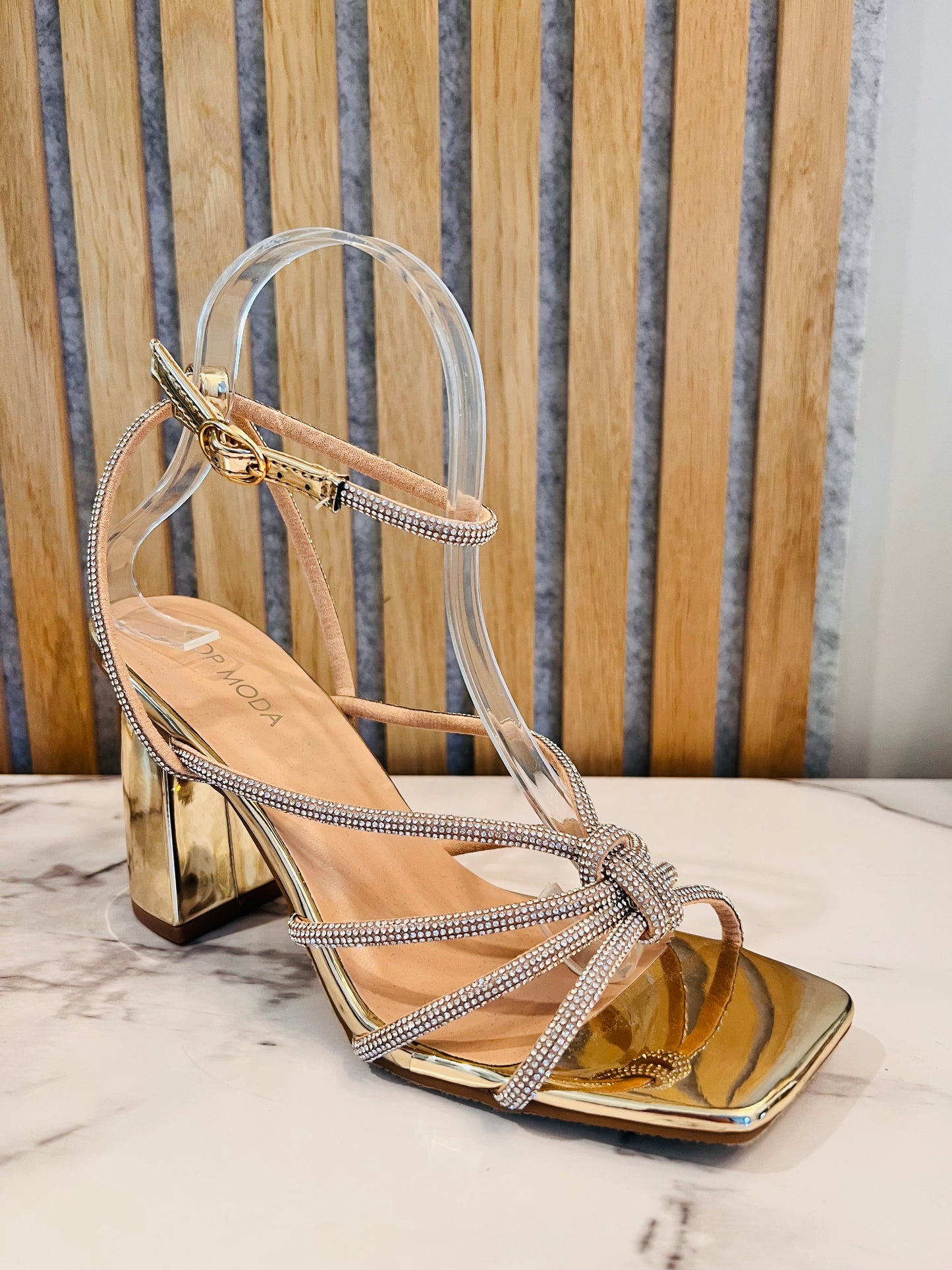 Chicago-66 Gold chunky heel party sandal with silver stone straps