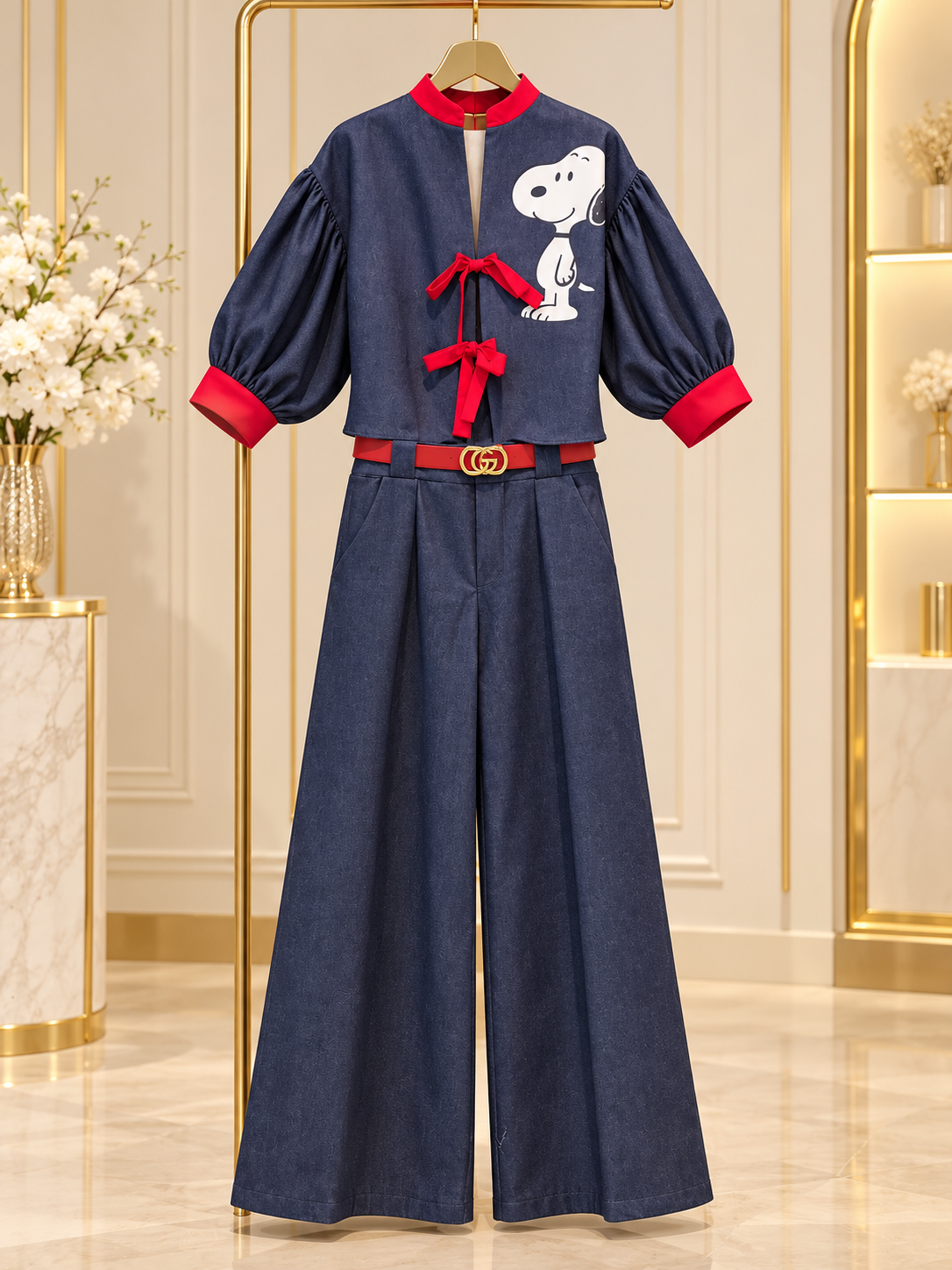 Set denim snoopy lazos rojos