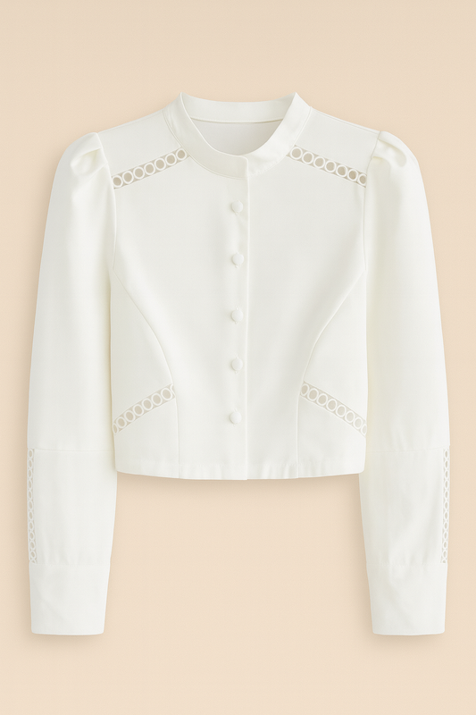 White long-sleeved blouse with covered buttons and lace