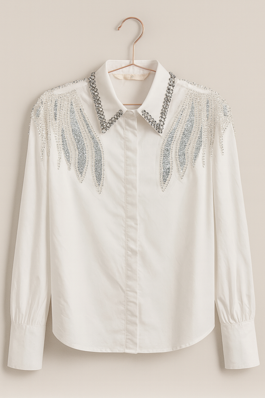 White long-sleeved shirt with sequin and pearl appliqués