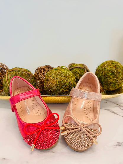 Fuchsia satin slipper with stones on the toe and bow