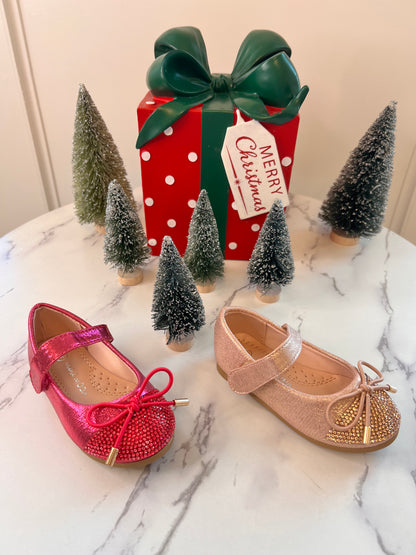 Fuchsia satin slipper with stones on the toe and bow