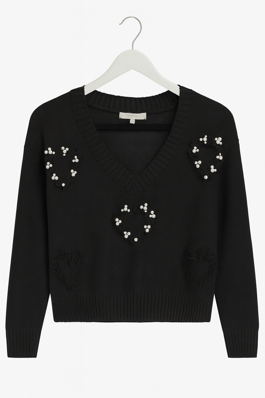 Black knitted sweater with hearts decorated with pearls