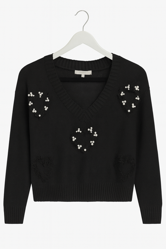 Black knitted sweater with hearts decorated with pearls