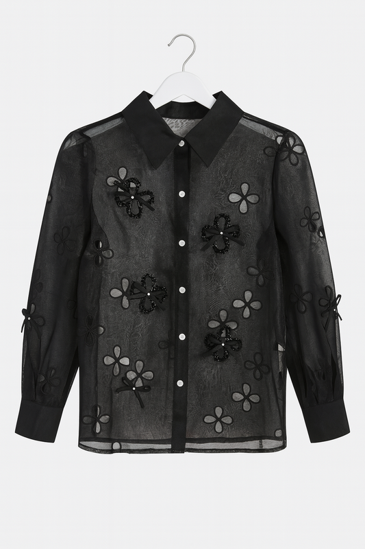 Black sheer blouse with bows and flower