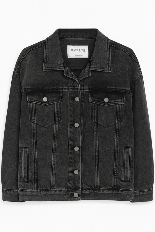 Long black jeans jacket with buttons