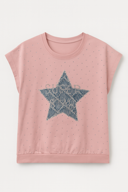 Pink plus size short sleeve star blouse in jeans