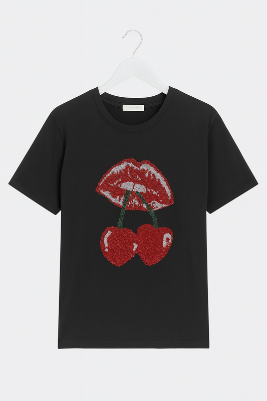 Plus size black blouse with mouth and cherries in stones