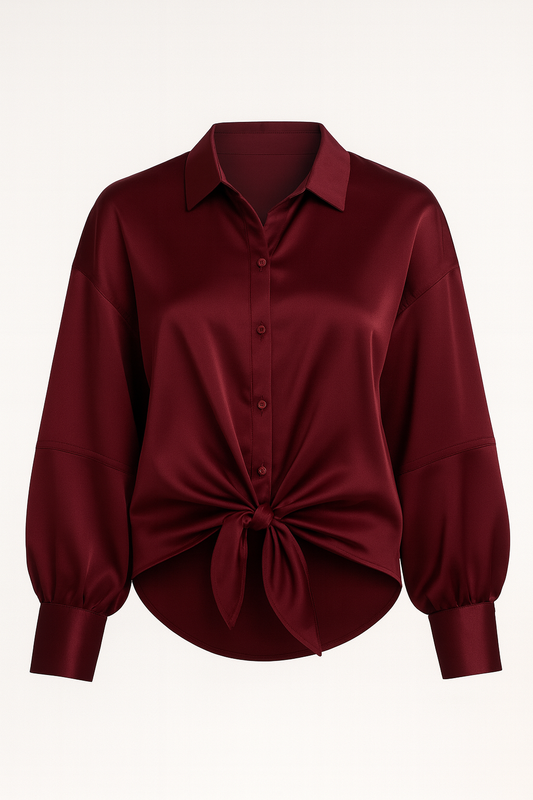 Wine red silk blouse with long sleeves