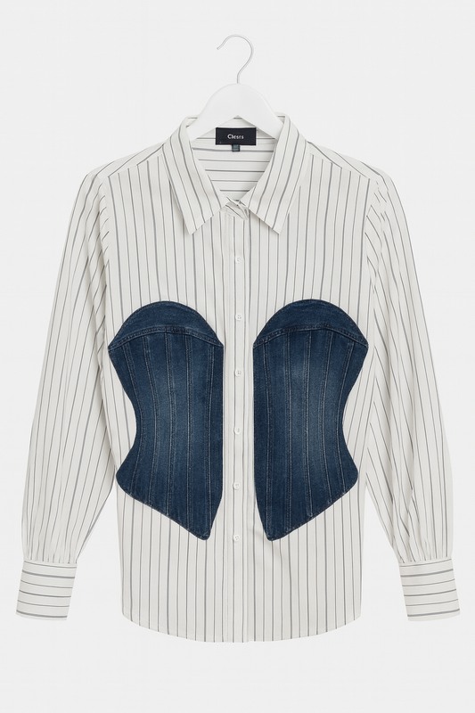 White long-sleeved shirt with black stripes and jeans appliqués