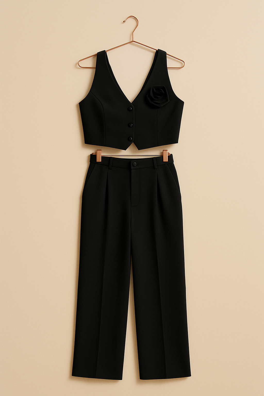 Black set top open at back and flower in the same fabric