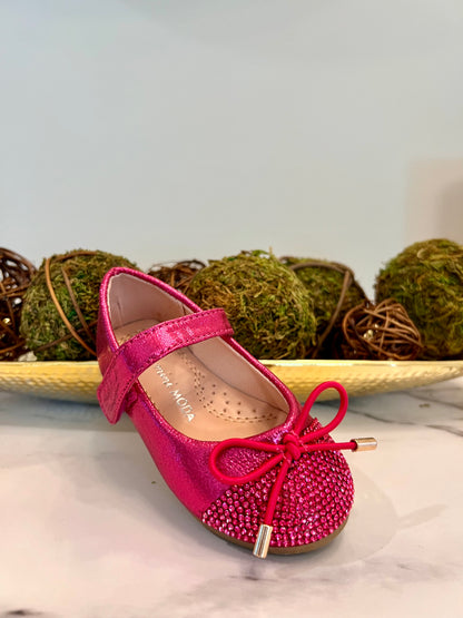 Fuchsia satin slipper with stones on the toe and bow