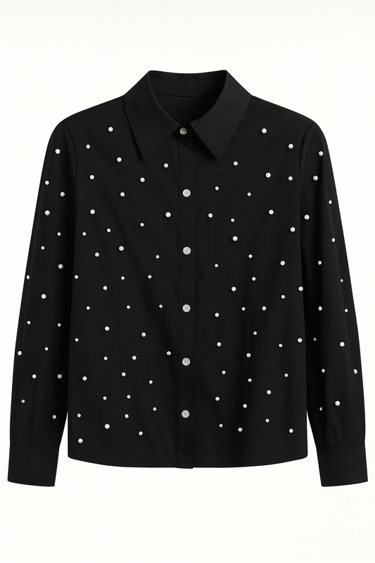 Black long-sleeved plus size blouse with stones