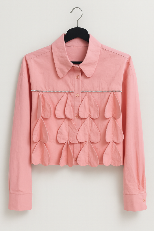 Short pink blouse with long sleeves and fabric hearts