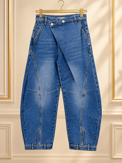 Jeans barrel cintura cruzada