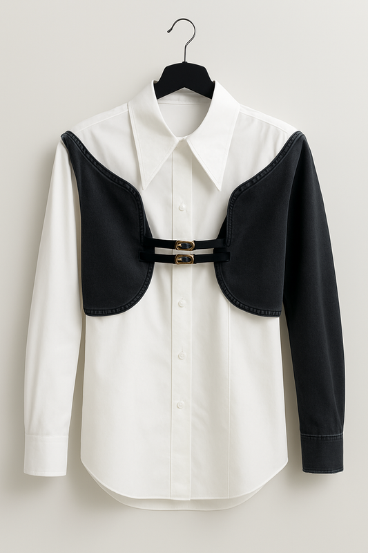 White shirt with gray jeans and black double thin strap