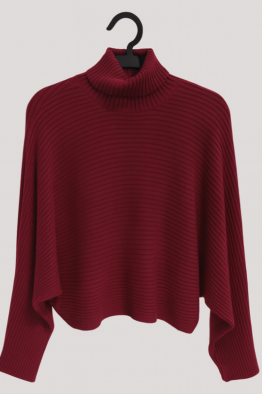 Wine red turtleneck sweater with long sleeves
