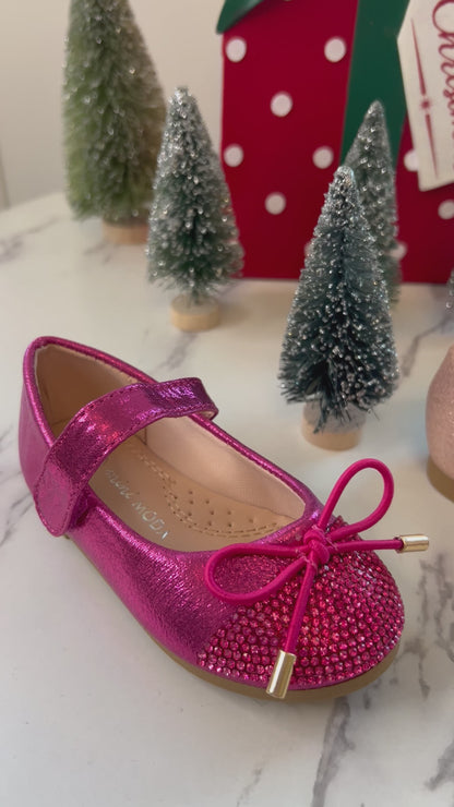 Fuchsia satin slipper with stones on the toe and bow